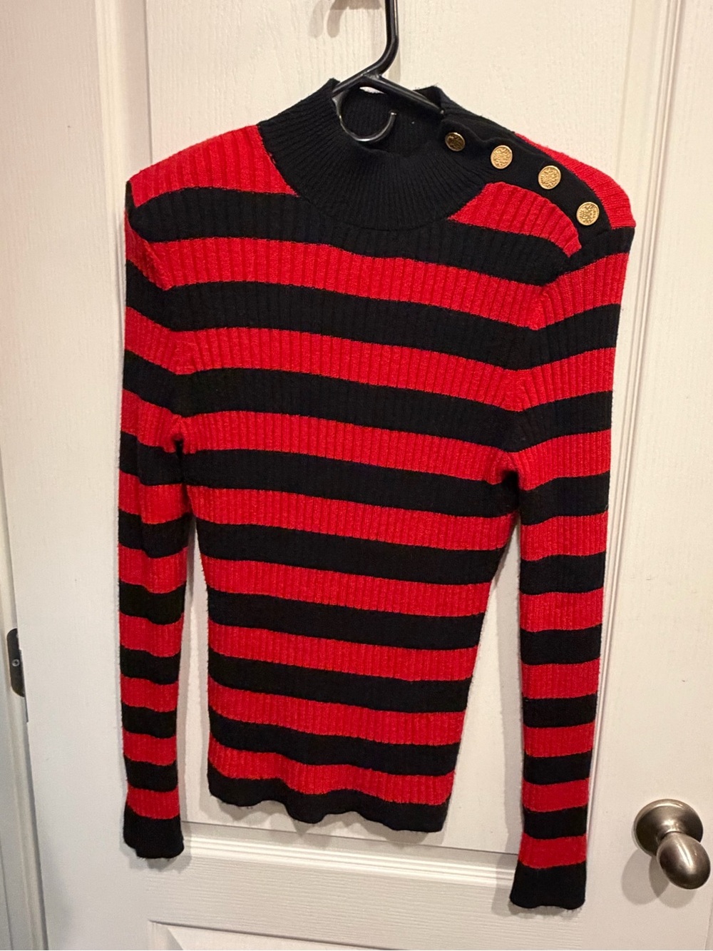 Express Red & Black Striped Button-Shoulder Ribbed Sweater